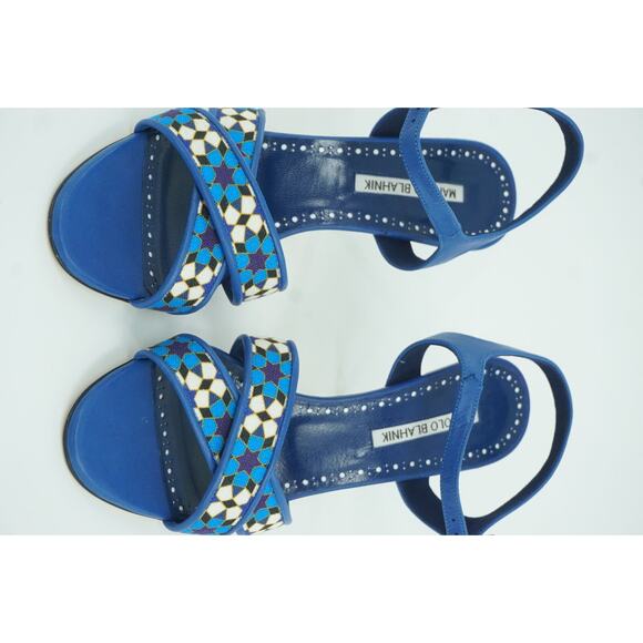 Manolo Blahnik Talitha Linen Strap Blue Floral Sandals size 39.5 Ankle - Picture 3 of 11